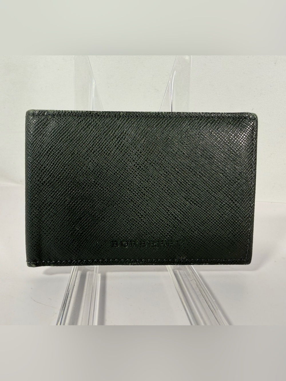 1288: Burberry Dark Green Saffiano Leather Bifold ID Card Wallet